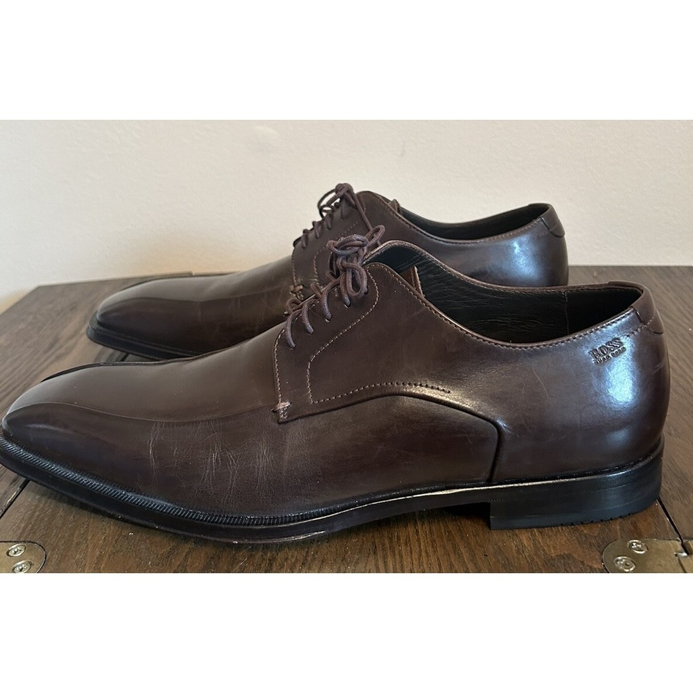 Boss Hugo Boss Men's‎ Brown Leather Lace Up Dress Shoes Sz 9 Square Toe - Picture 4 of 7